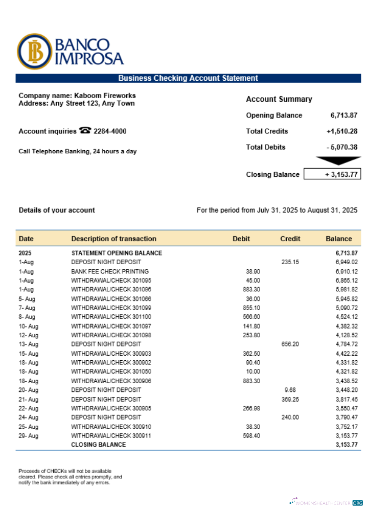 Download Costa Rican Banco Improsa bank firm account statement Word and PDF template Photoshop template